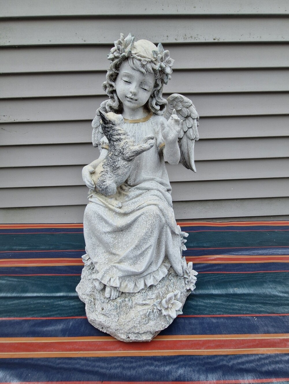 Large Angel Girl Holding Cat Resin Garden Statue Floral Décor 15–16"